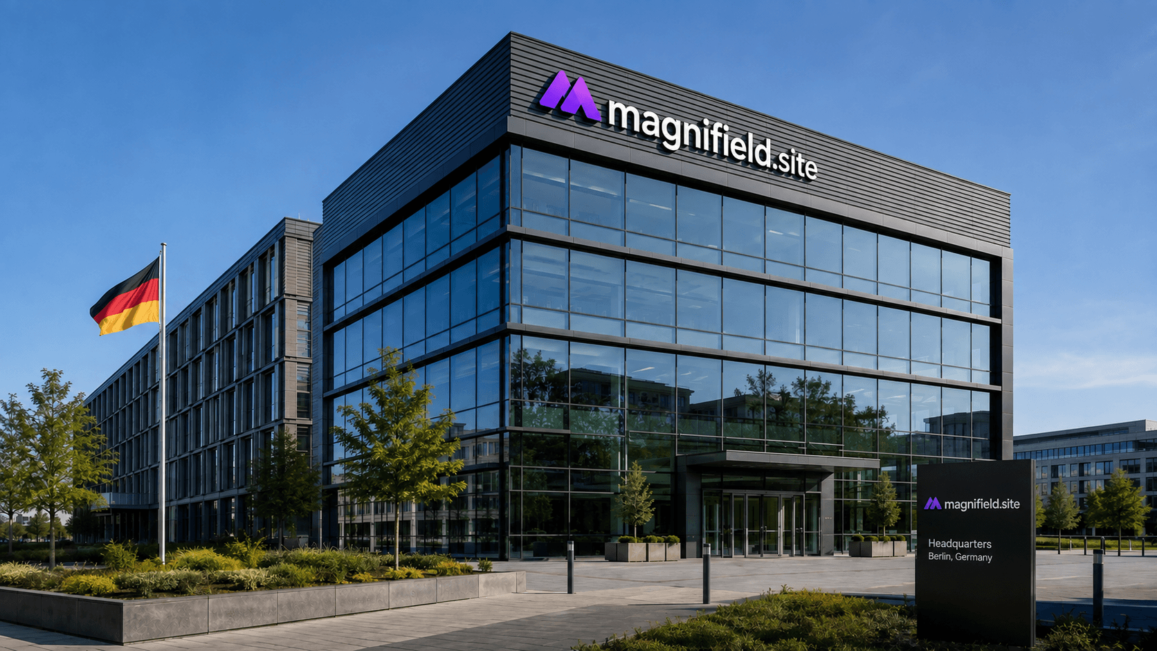 The Magni Hydrotech headquarters in Berlin — a glass-fronted office building with the company sign on the roofline and a German flag at the entrance