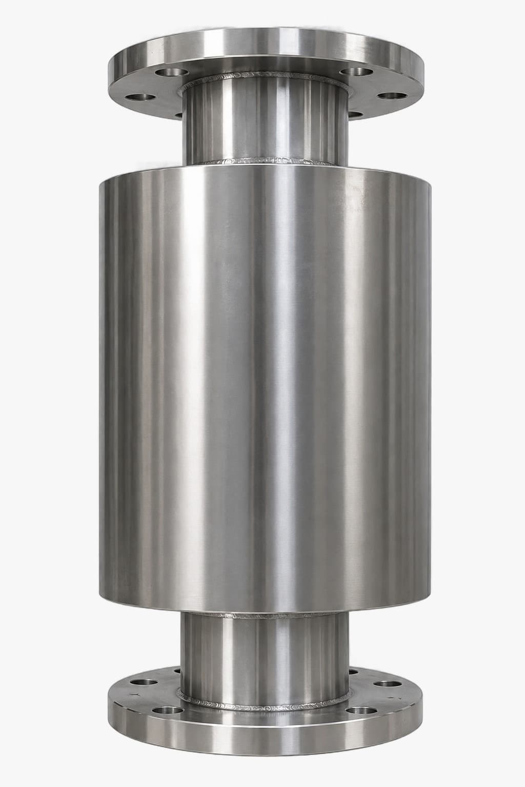 Magni Hydrotech HSS1 flanged inline magnetic water conditioner in polished stainless steel, with bolted flanges at both ends