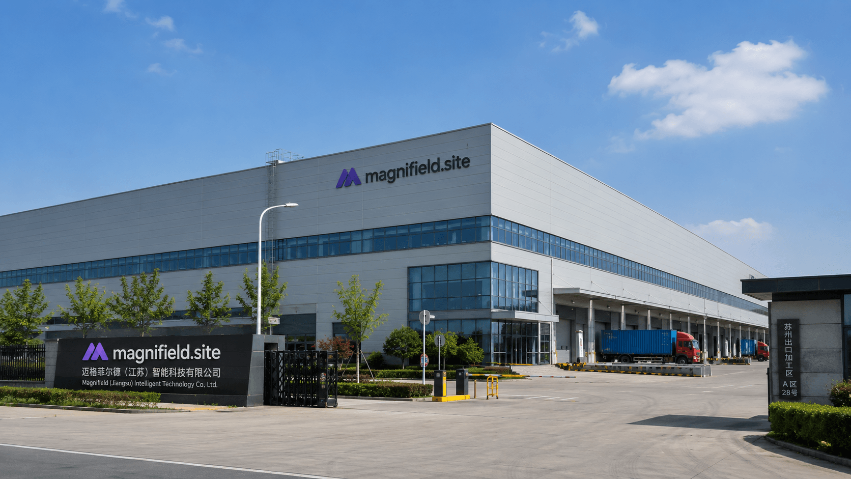 The Magni Hydrotech manufacturing plant in China — a long single-storey production hall with loading bays and container trucks at the docks