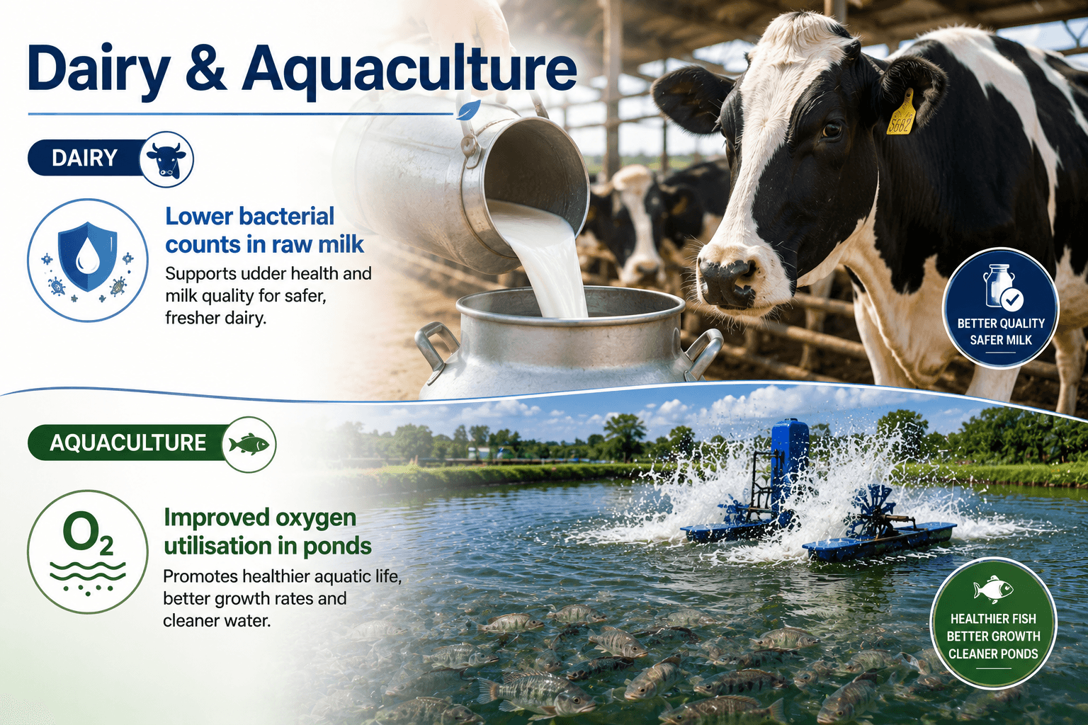 Dairy and aquaculture infographic: raw milk being poured into a churn beside a dairy herd, above an aerated fish pond, with panels for lower bacterial counts in raw milk and improved oxygen utilisation in ponds