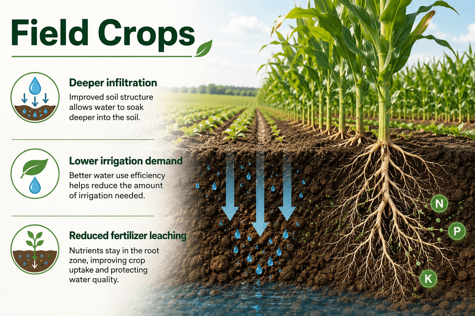 Field crops infographic: a maize field in cross-section showing water soaking deep into the root zone, with panels for deeper infiltration, lower irrigation demand and reduced fertilizer leaching