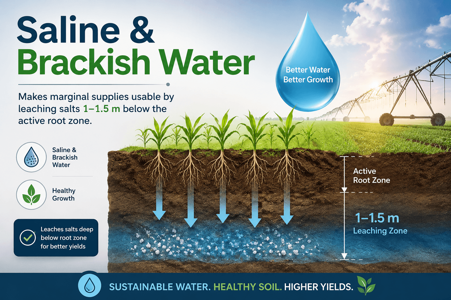 Saline and brackish water infographic: a soil cross-section under a young cereal crop, with arrows carrying salts down past the active root zone into a leaching zone 1 to 1.5 metres deep, a pivot irrigator on the field behind