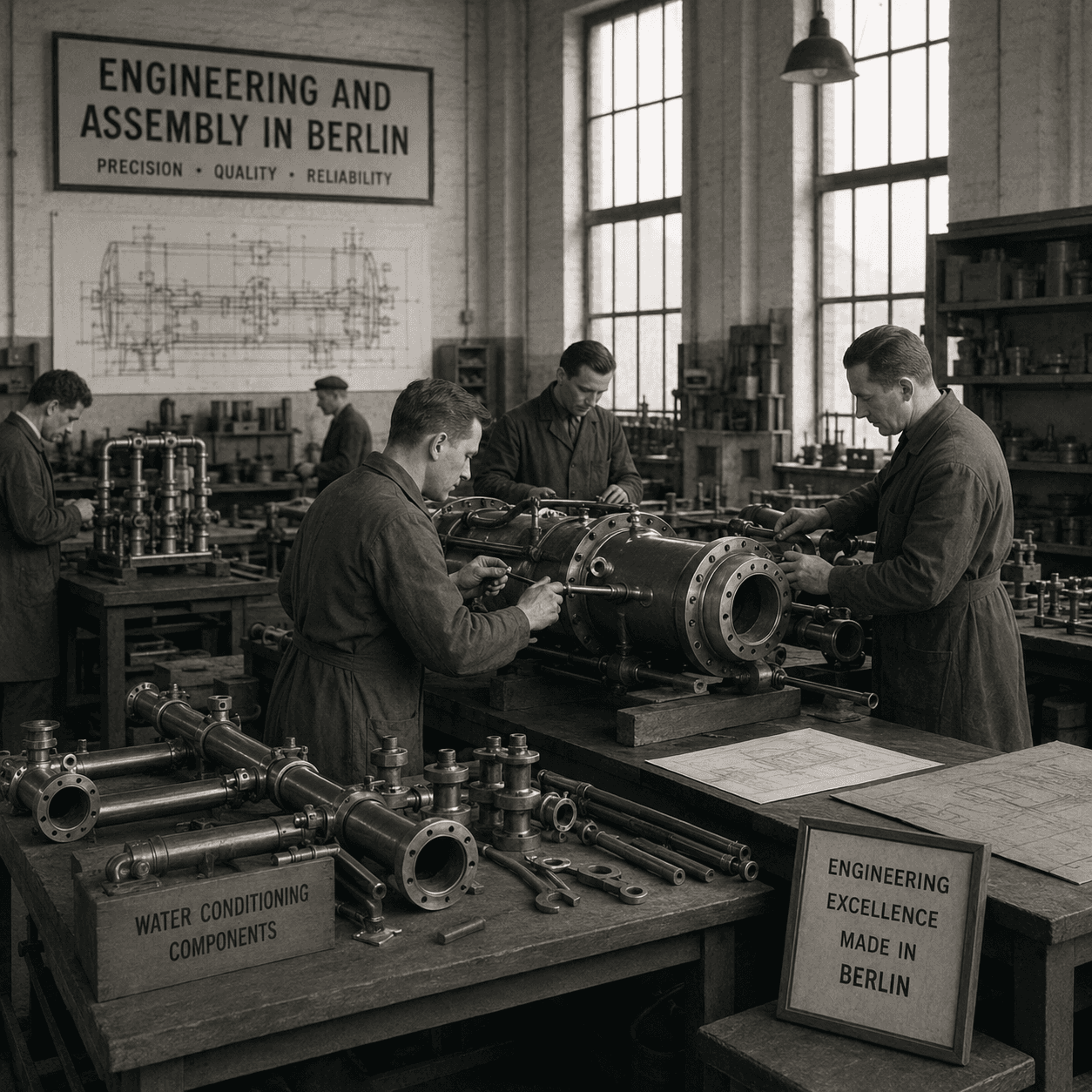 Archival photograph: engineers assembling a flanged water conditioning unit on a workbench in a Berlin workshop, with drawings pinned on the wall behind