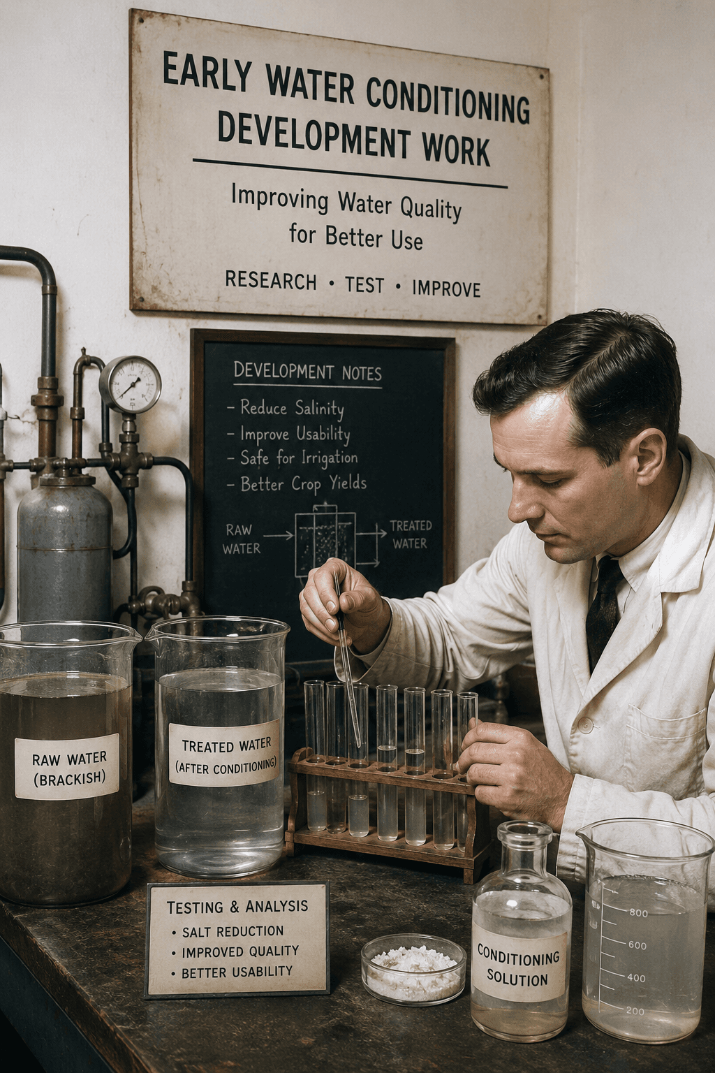 Archival photograph: a technician in a white coat pipetting samples at a laboratory bench, beside jars labelled raw brackish water and treated water after conditioning