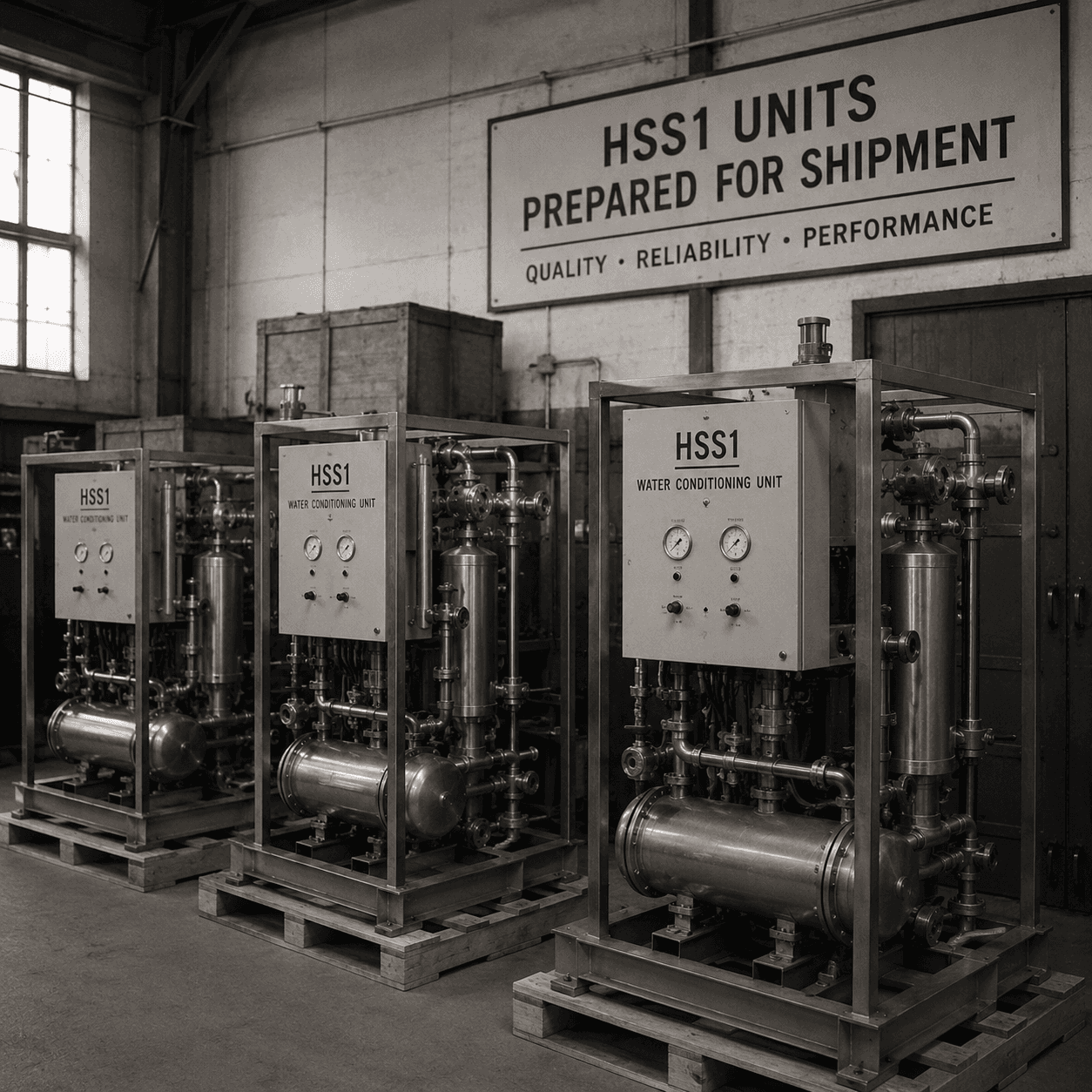 Archival photograph: three crated HSS1 water conditioning units on pallets in a works hall, awaiting shipment